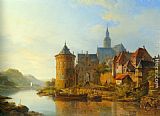 Cornelis Springer A View of a Town along the Rhine painting